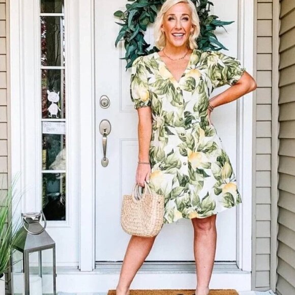 H&M Linen Blend Mini Dress S Lemon Leaf Print Cotton Blogger Fav Summer Vacation - Picture 9 of 14